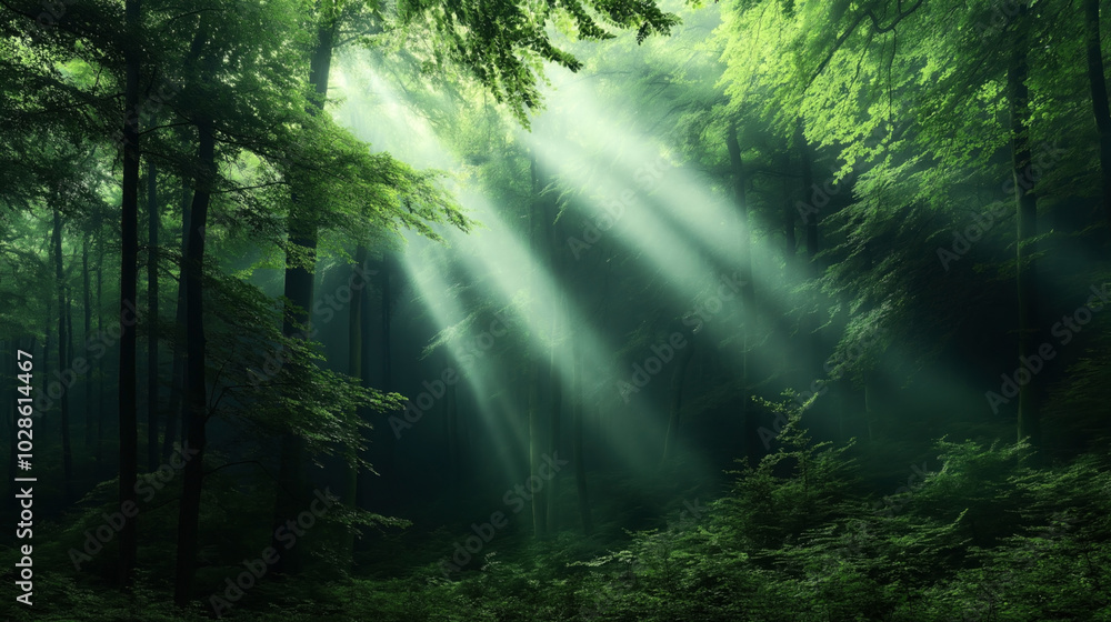 Obraz premium Dense forest with tall trees and lush green foliage, illuminated by sunrays filtering through the canopy, creating a serene and tranquil natural atmosphere.