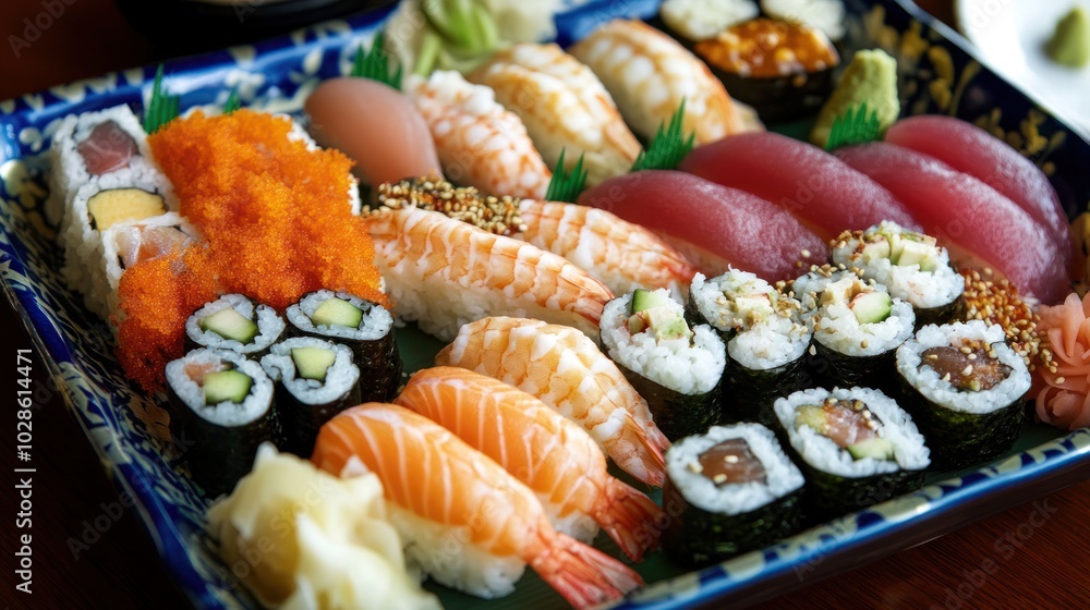 Assorted Sushi Rolls and Nigiri on Blue and Gold Plate Assorted Sushi Rolls and Nigiri on Blue and Gold Plate