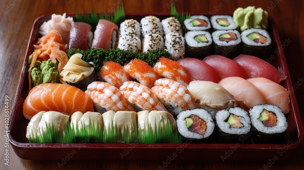 Assortment of Sushi and Sashimi in a Wooden Box Assortment of Sushi and Sashimi in a Wooden Box