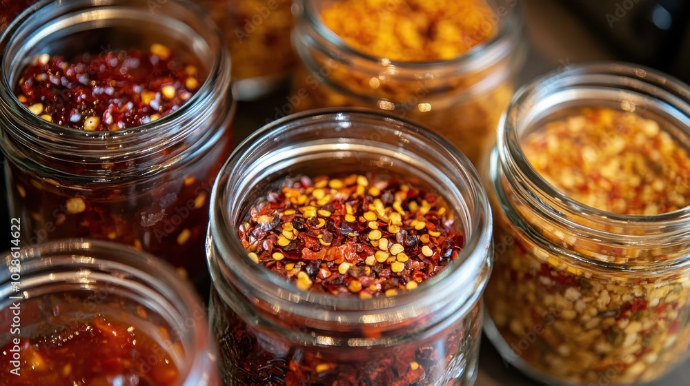 Close-up of spicy condiments in clear glass jars, showcasing vibrant chili flakes, sauces, and herbs in a kitchen setting. Close-up of spicy condiments in clear glass jars, showcasing vibrant chili flakes, sauces, and herbs in a kitchen setting.