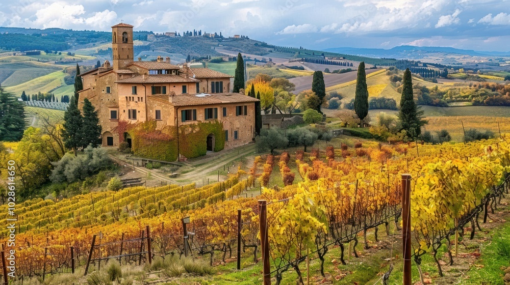 Naklejka premium Rustic Italian Farmhouse Amidst Rolling Hills and Autumnal Vineyards