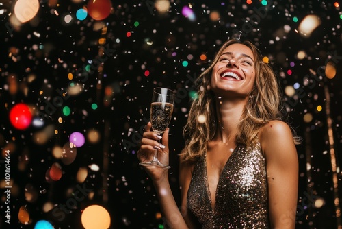 Portrait of a young woman holding a glass of champagne and confetti