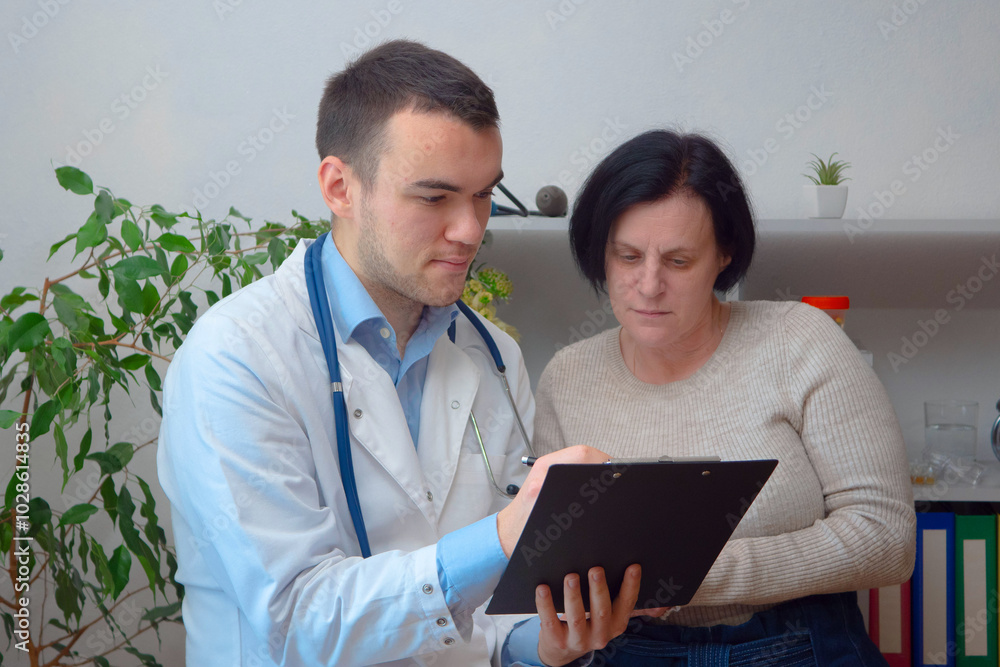 A young doctor, at his workplace, receives patients. He examines a woman, measures saturation, pulse. A young doctor, at his workplace, receives patients. He examines a woman, measures saturation, pulse.
