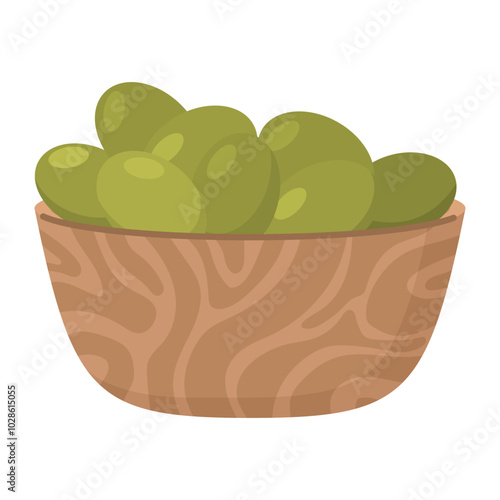 Wooden bowl with green olives. Olive fruits. Italian pitted olives.Bowl green olives.Isolated on white background.Vector illustration.