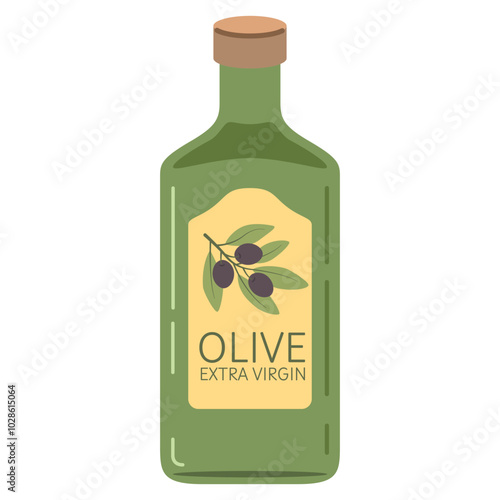 Olive oil in a glass bottle. Black olive branches.Olive tree branch with leaves.Extra virgin olive oil. Food illustration.Vector illustration.Isolated on white background.