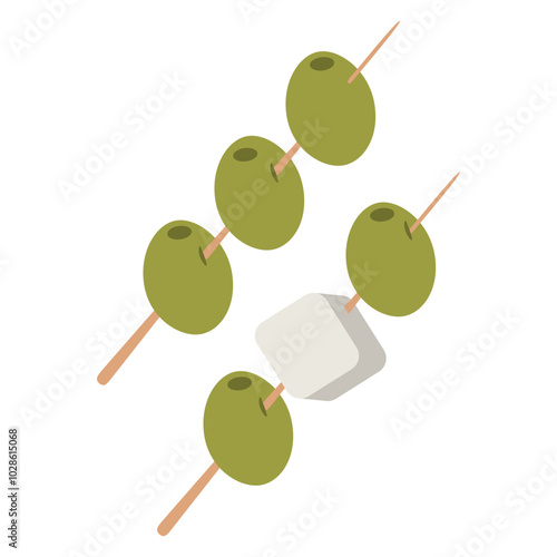 Olives on a cocktail skewer martini.Green olives on a stick and cheese.Vector illustration.Olives snack.olives on a toothpick.Greek cheese.