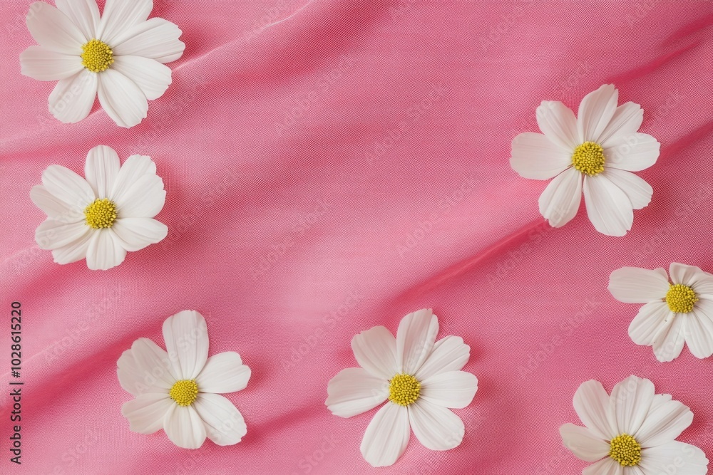 Pink background with white cosmos flowers in corners, wedding card decoration banner with copy space Pink background with white cosmos flowers in corners, wedding card decoration banner with copy space