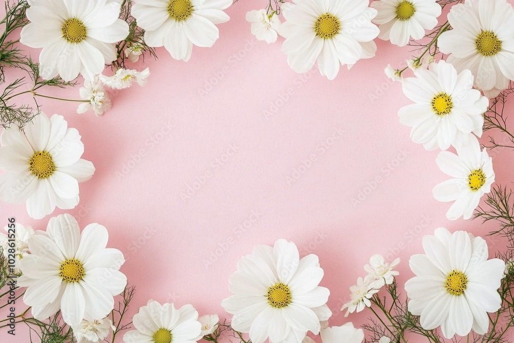 Pink background with white cosmos flowers in corners, wedding card decoration banner with copy space Pink background with white cosmos flowers in corners, wedding card decoration banner with copy space