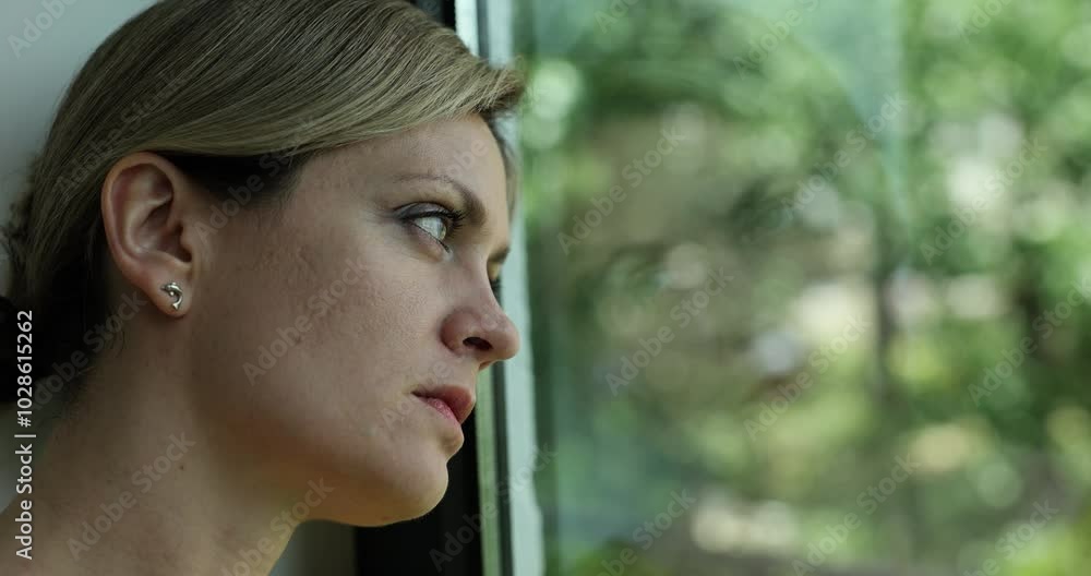 Sad frustrated young woman is sitting by window. Deaushka looks away thinks about broken heart of loneliness