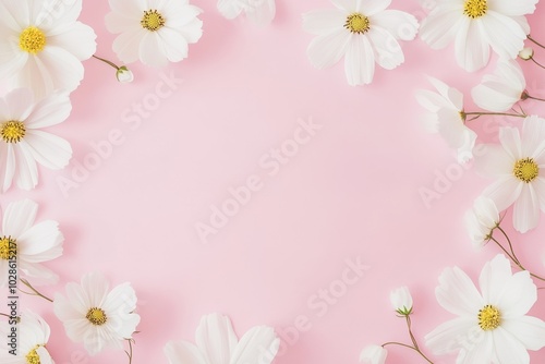 Pink background with white cosmos flowers in corners, wedding card decoration banner with copy space
