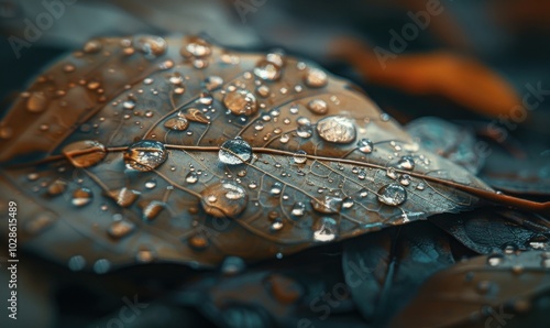 Close-up of dewdrops on a leaf, 4K hyperrealistic photo