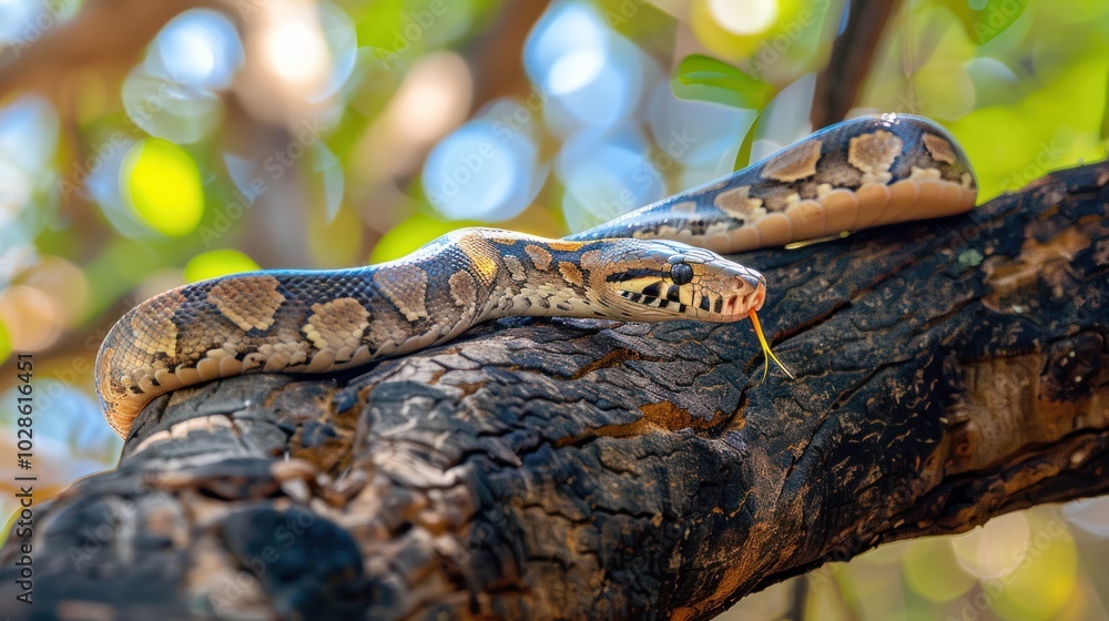 Naklejka premium A Burmese Python with Tongue Extended, Resting on a Tree Branch