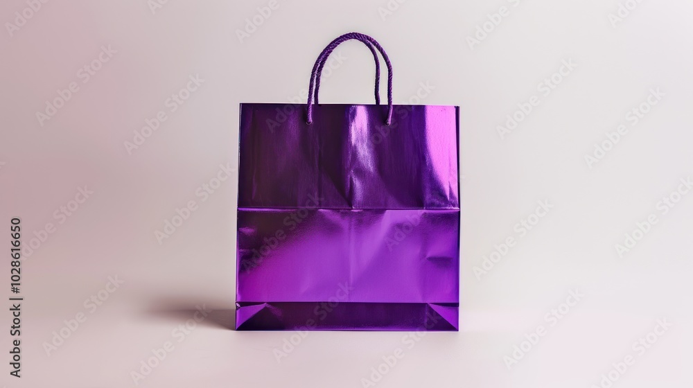 A Purple Shiny Paper Shopping Bag on a White Background A Purple Shiny Paper Shopping Bag on a White Background
