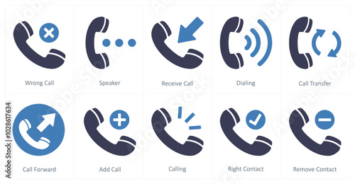 A set of 10 mix icons as wrong call, speaker, receive call