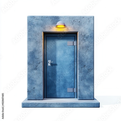 Modern blue door with concrete frame and light, white isolated background. photo