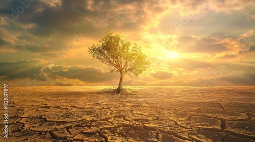 A lone tree in a dry desert at sunset, contrasts warm sky hues with harsh, cracked ground, symbolizing warmth and desolation.