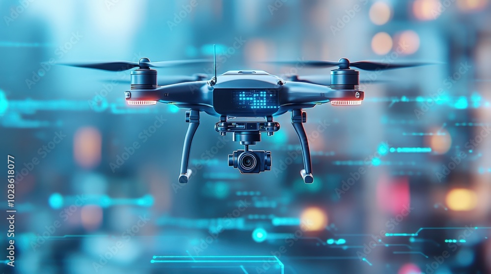 close-up of a drone and camera with bright lights close-up of a drone and camera with bright lights