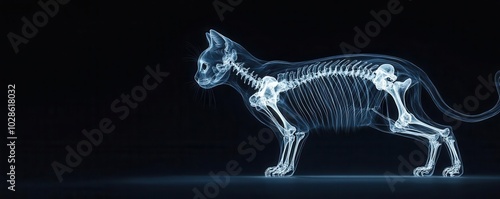 X-ray image of a cat s glowing skeleton, intricate bone structure highlighted, cat X-ray, focus on feline anatomy photo