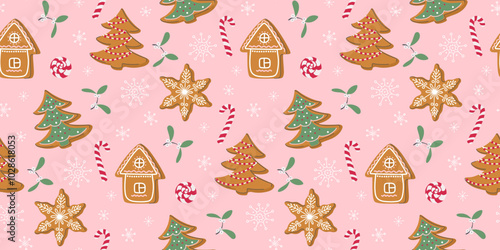 Gingerbread pattern. Festive background with traditional Christmas cookies and sweets. Cute decorative mistletoe and snowflakes. Hand drawn flat design vector illustration.

