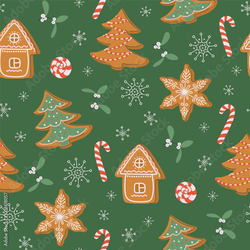 Happy holidays seamless pattern. Festive gingerbread background. Traditional Christmas cookies and sweets. Cute decorative mistletoe and snowflakes. Hand drawn flat design vector illustration.
