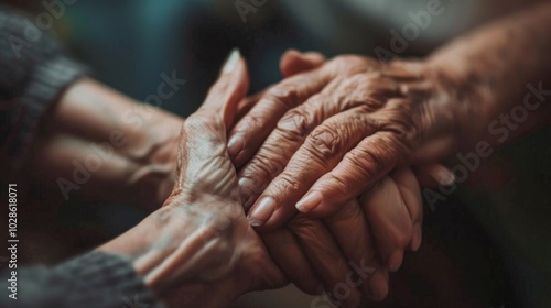 Close-up photo of wrinkled elderly hand clasping a smooth young hand, emphasizing generational connection and tender moment.