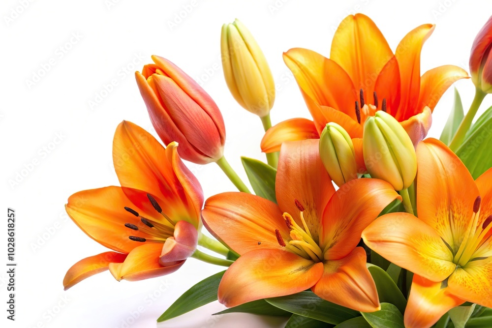 Orange lilly and tulip flowers in silhouette on white background Orange lilly and tulip flowers in silhouette on white background