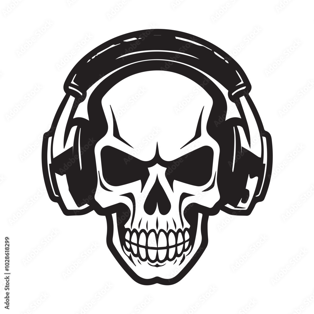 Obraz premium skull with headphones headset earphones smiling scary stylish black isolated on white vector logo tattoo style stamp icon for tee shirt high quality print business music industry
