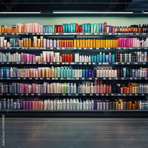 A vibrant display of various cosmetic products arranged neatly on shelves in a modern retail store.