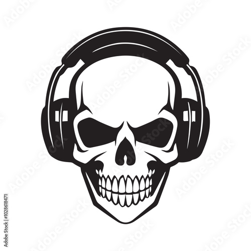 skull with headphones headset earphones smiling scary stylish black isolated on white vector logo tattoo style stamp icon for tee shirt high quality print business music industry