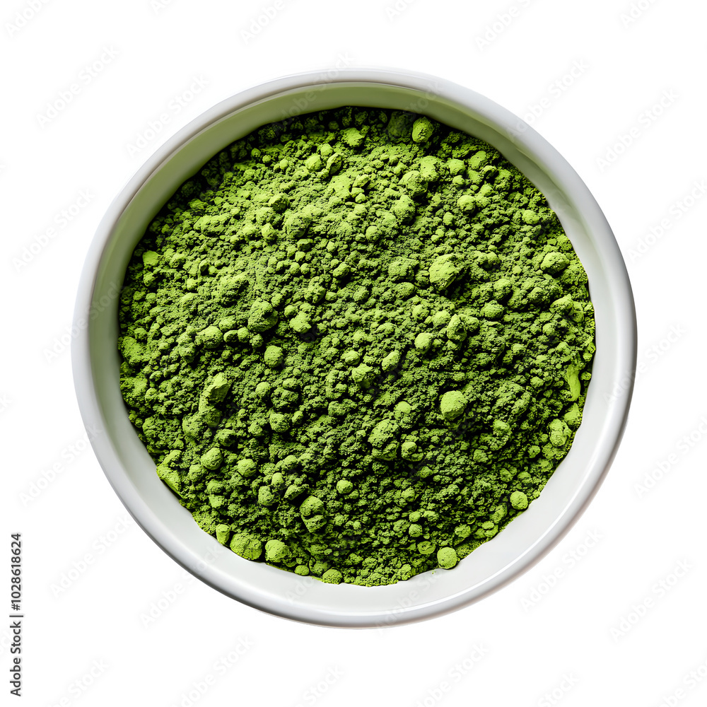 Top view of green powder in a white bowl. Top view of green powder in a white bowl.