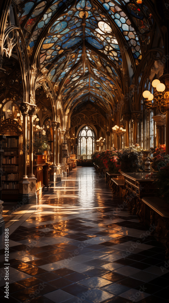 Fototapeta premium Gothic library interior with magical atmosphere representing elegance and inspiration in vibrant colors