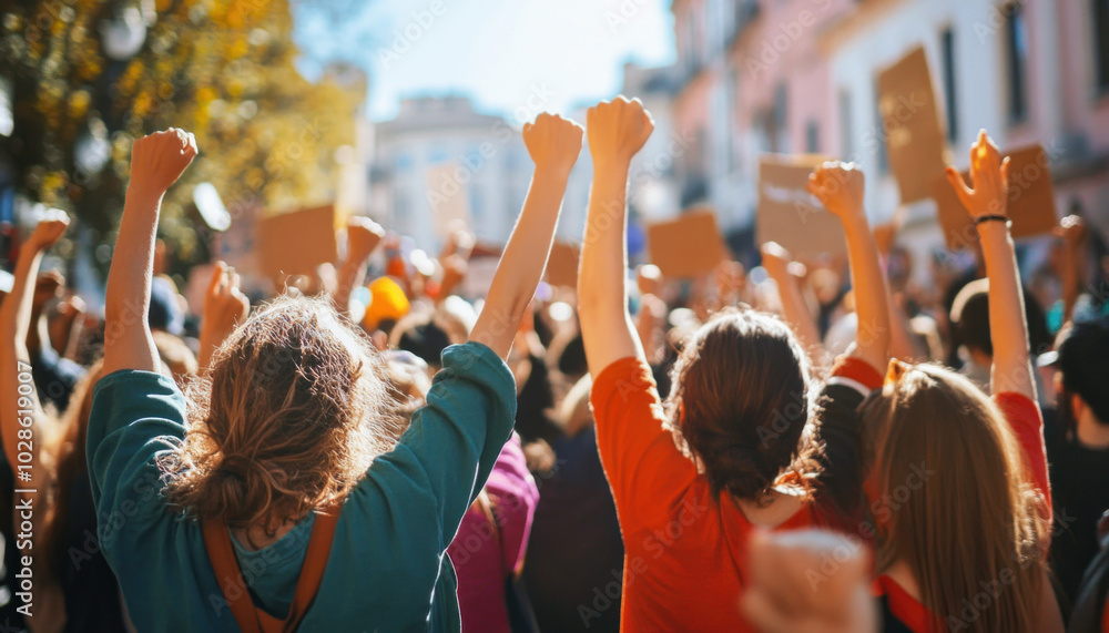 Group of people raising fists in a protest march for human rights Group of people raising fists in a protest march for human rights