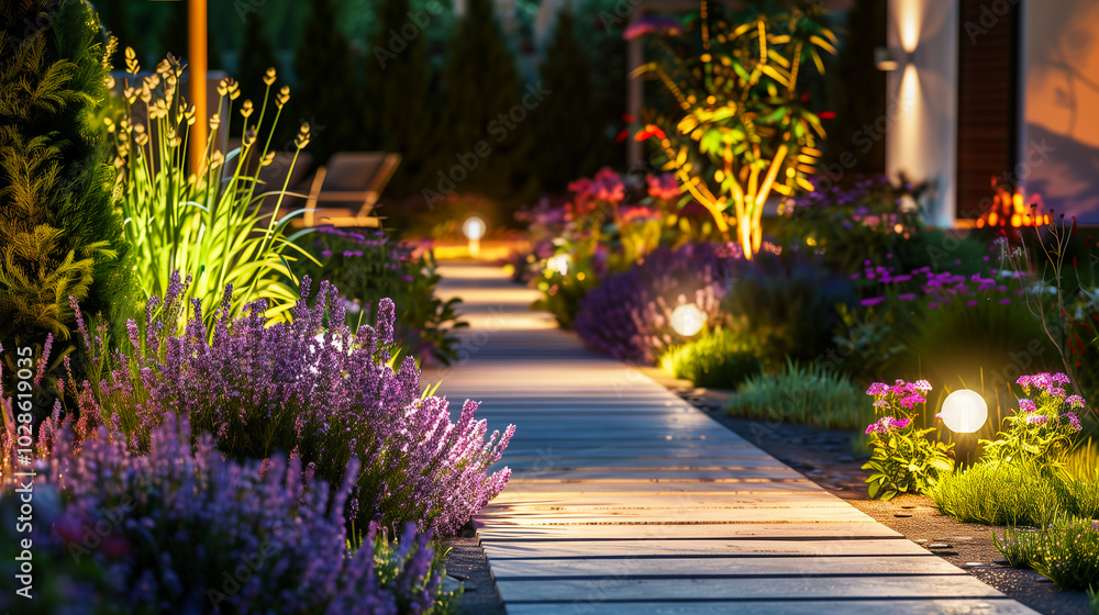 Modern garden pathway illuminated by ground lights with vibrant flowers and plants at night Modern garden pathway illuminated by ground lights with vibrant flowers and plants at night