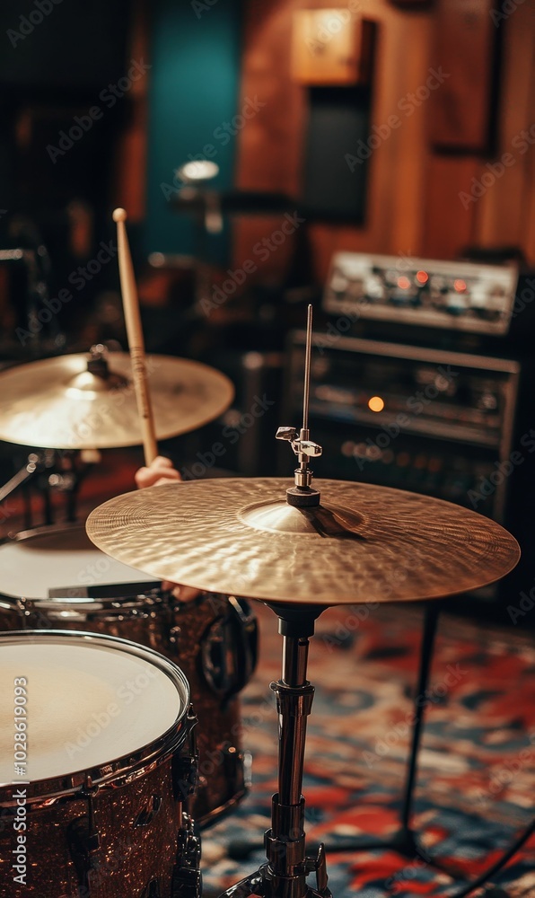 Obraz premium Drum cymbal and stand in a recording studio.