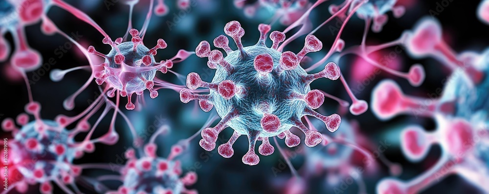 Microscopic view of virus particles on a dark background. Microscopic view of virus particles on a dark background.