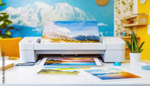 Modern home photo printer printing colorful landscape picture