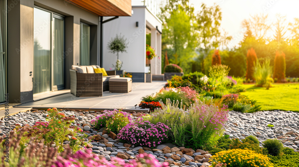 Modern backyard with lush lawn, stone flower bed, and patio seating area Modern backyard with lush lawn, stone flower bed, and patio seating area