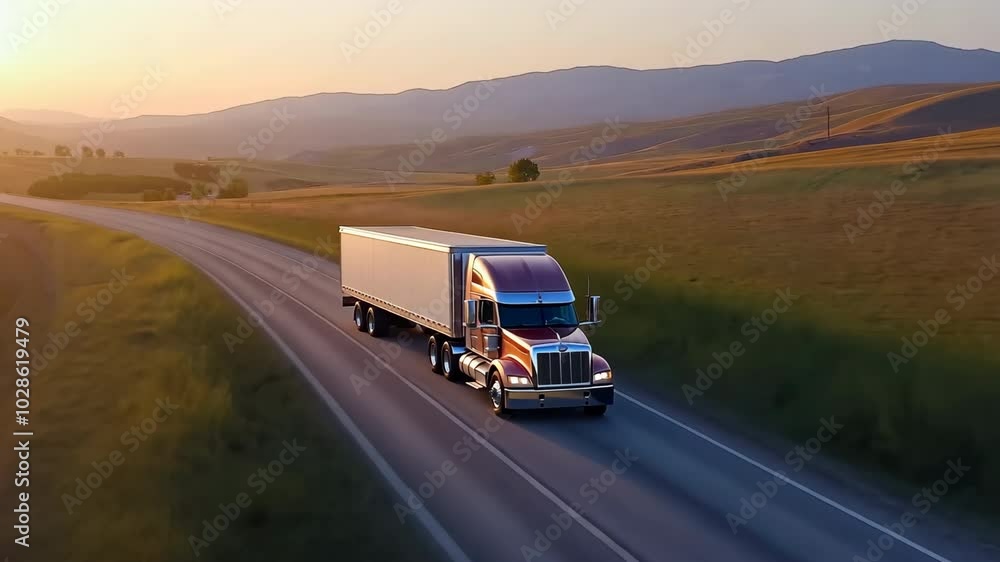 A semi truck is driving down a road in a field. The sun is setting in the background, creating a warm and peaceful atmosphere A semi truck is driving down a road in a field. The sun is setting in the background, creating a warm and peaceful atmosphere