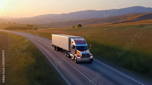A semi truck is driving down a road in a field. The sun is setting in the background, creating a warm and peaceful atmosphere
