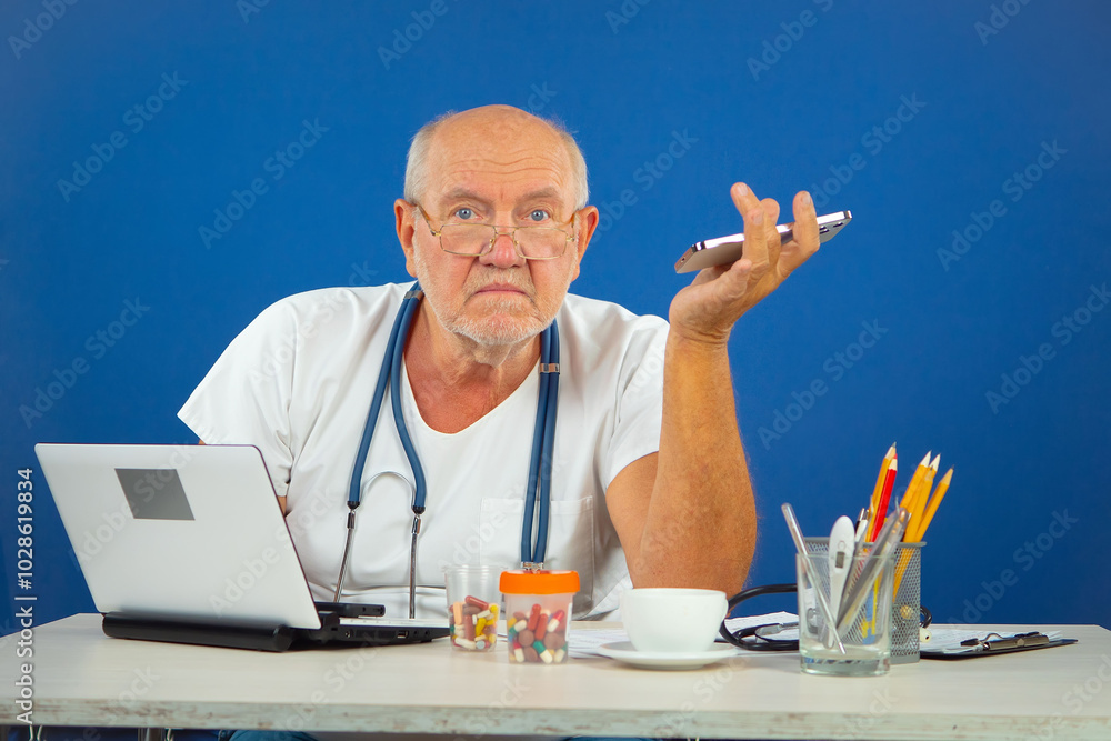 An elderly man, a doctor, in his office, at the table. Blue background. An elderly man, a doctor, in his office, at the table. Blue background.