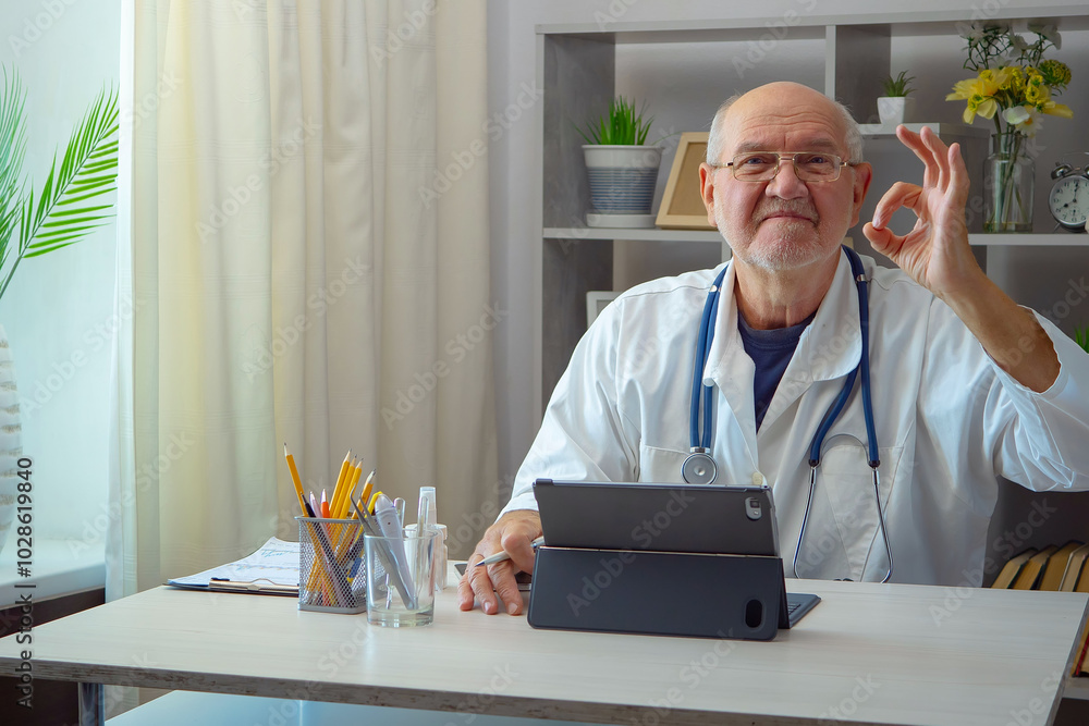 An elderly man, a doctor, in his office, at a table. An elderly man, a doctor, in his office, at a table.