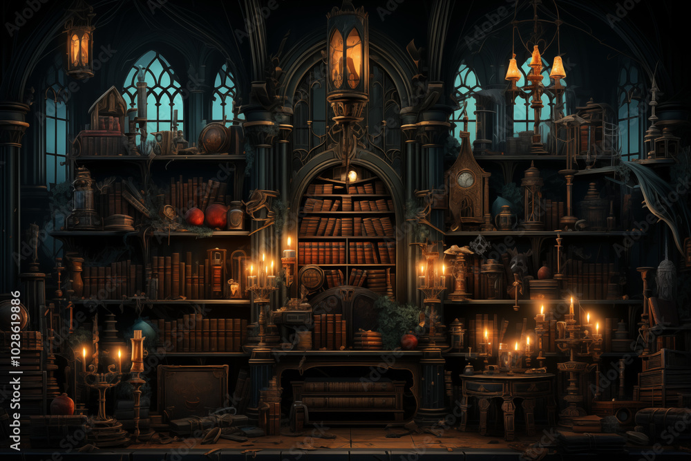 Obraz premium Gothic library interior with atmospheric mood representing wisdom and mystery in dark tones