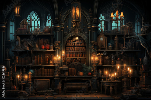 Gothic library interior with atmospheric mood representing wisdom and mystery in dark tones