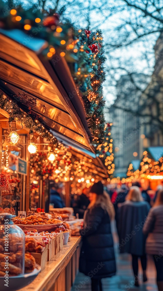 Obraz premium People visiting christmas market in prague old town square at twilight