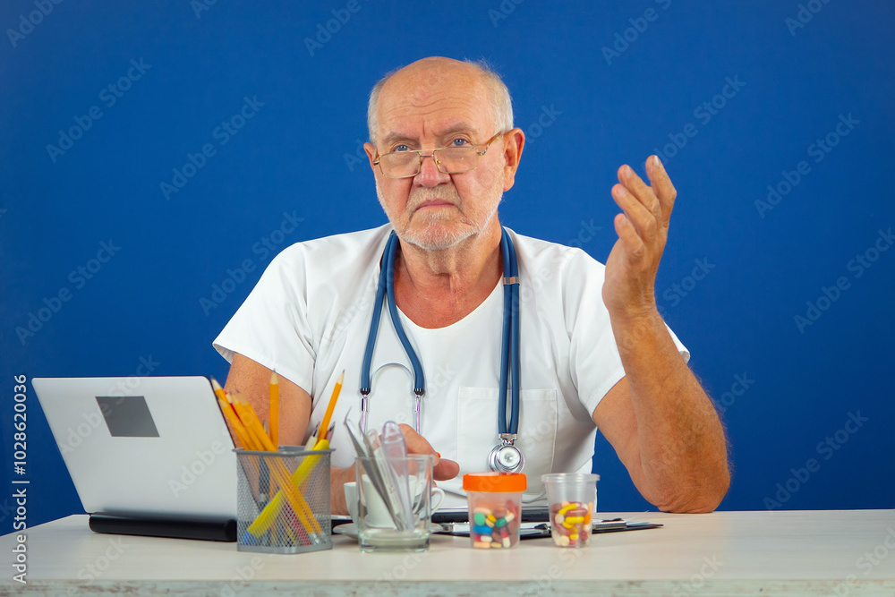 An elderly man, a doctor, in his office, at the table. Blue background. An elderly man, a doctor, in his office, at the table. Blue background.