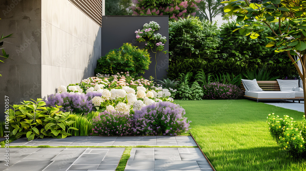 Fototapeta premium Beautiful landscaped backyard with stone path and blooming flowers on a sunny day