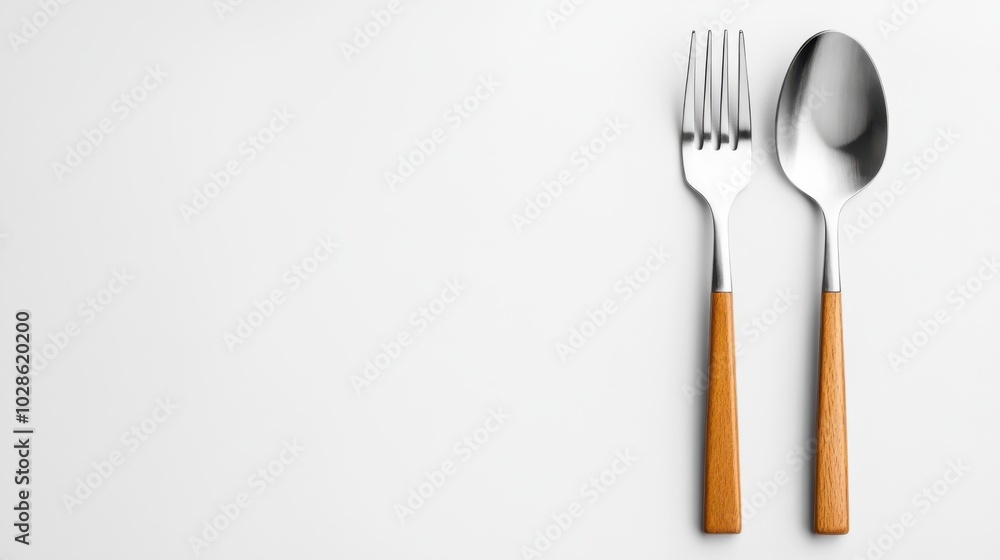 Fork and spoon with wooden handles, white isolate background Fork and spoon with wooden handles, white isolate background