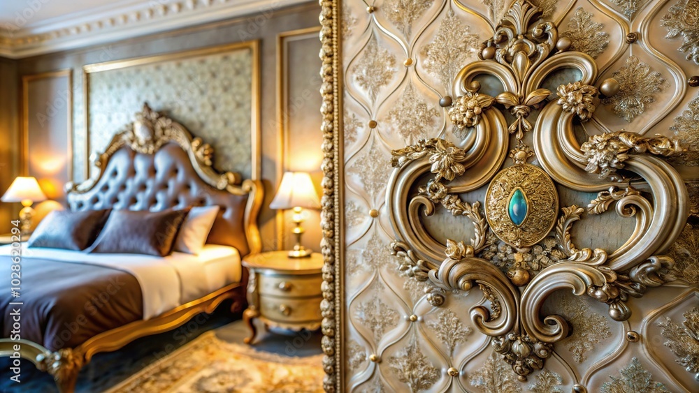 Ornate bedroom with an empty jeweled wall plaque Ornate bedroom with an empty jeweled wall plaque