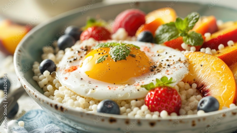 A colorful breakfast bowl featuring a perfectly cooked fried egg, couscous, fresh berries, and peach slices, garnished with mint and seasoning. A colorful breakfast bowl featuring a perfectly cooked fried egg, couscous, fresh berries, and peach slices, garnished with mint and seasoning.