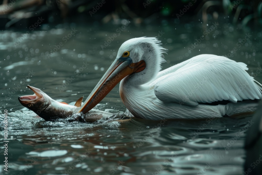 A majestic pelican skillfully captures a fish in its beak, surrounded by shimmering water droplets in a serene, lush setting. A majestic pelican skillfully captures a fish in its beak, surrounded by shimmering water droplets in a serene, lush setting.